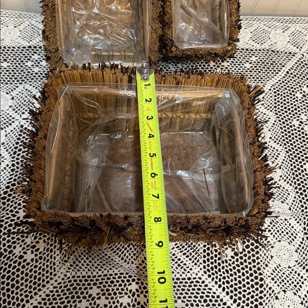 Set Of 3 Nesting Planters Baskets Straw Grass With Liner